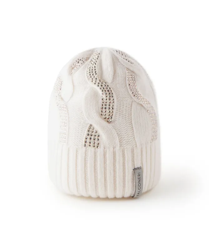 Berretto con trecce e strass in Cashmere Ultrasoft