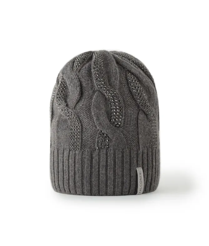 Berretto con trecce e strass in Cashmere Ultrasoft