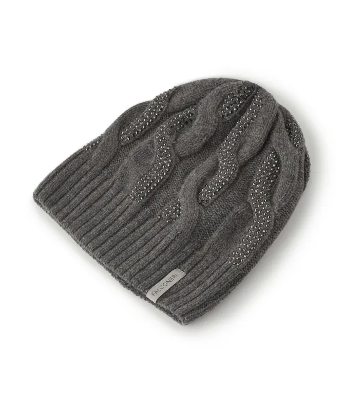 Berretto con trecce e strass in Cashmere Ultrasoft