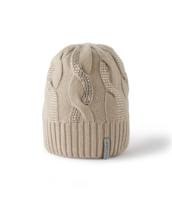 Berretto con trecce e strass in Cashmere Ultrasoft