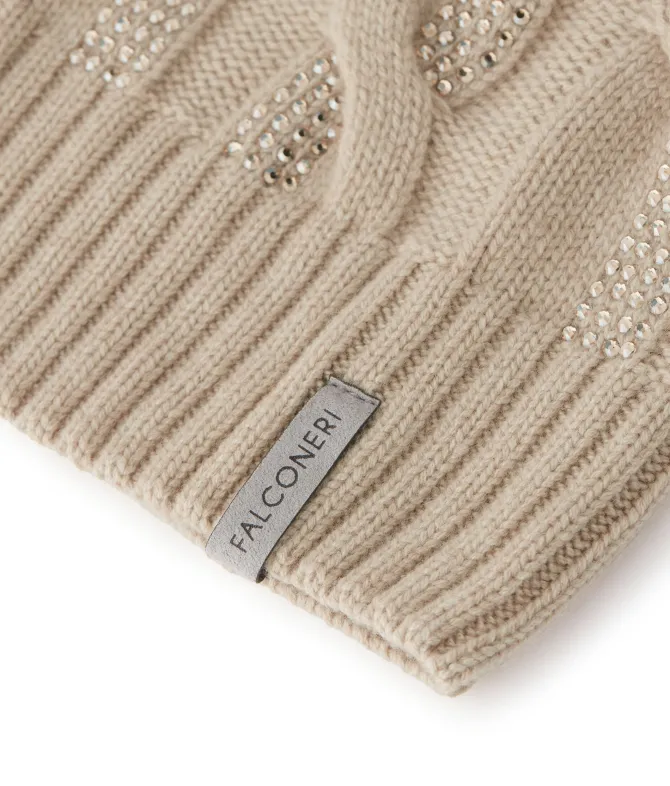 Berretto con trecce e strass in Cashmere Ultrasoft