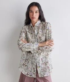 Camicia stampata in cotone seta con cristalli