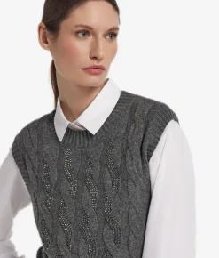 Gilet con trecce e strass in Cashmere Ultrasoft