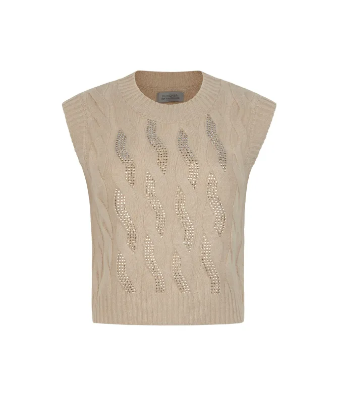 Gilet con trecce e strass in Cashmere Ultrasoft