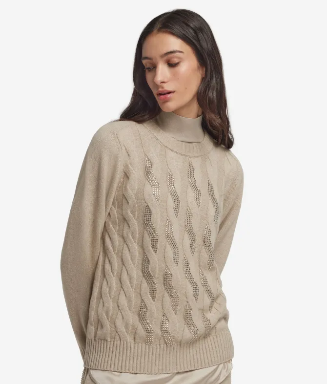 Girocollo con trecce e strass in Cashmere Ultrasoft