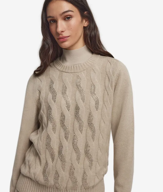 Girocollo con trecce e strass in Cashmere Ultrasoft