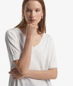 Maglia con Scollo a V a Maniche Corte in Seta Cotone