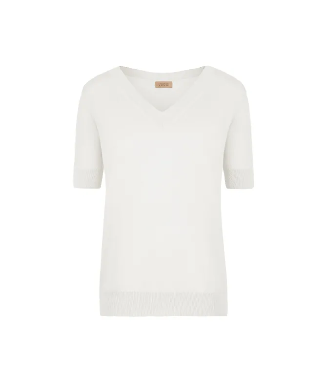 Maglia con Scollo a V a Maniche Corte in Seta Cotone