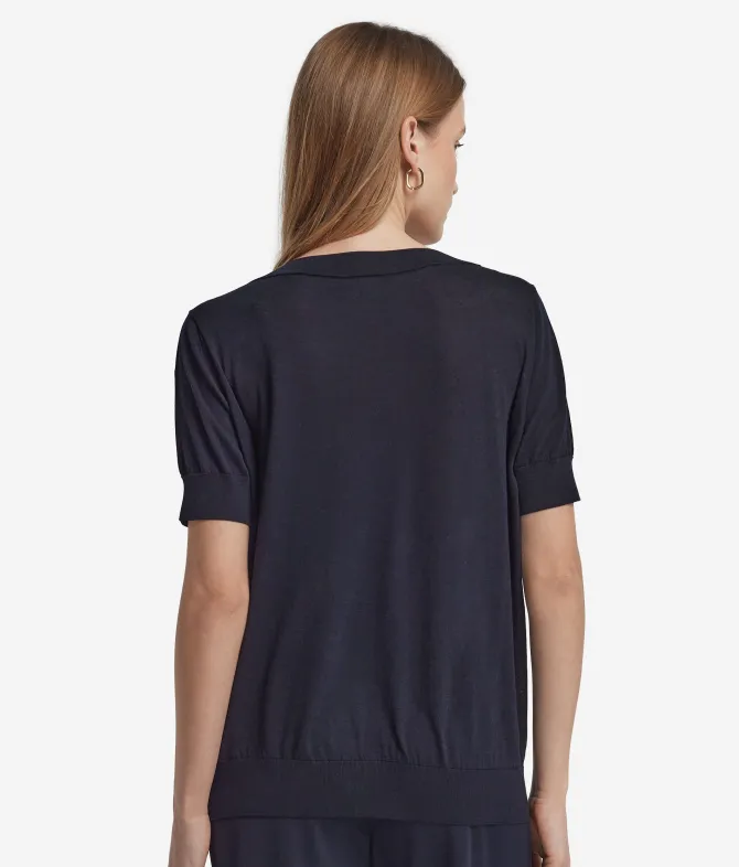 Maglia con Scollo a V a Maniche Corte in Seta Cotone