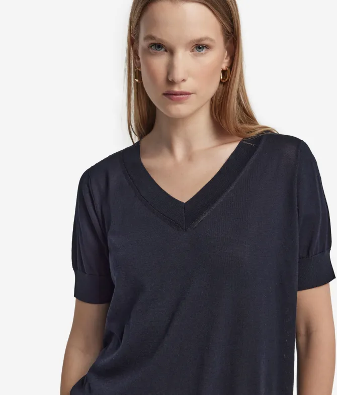 Maglia con Scollo a V a Maniche Corte in Seta Cotone