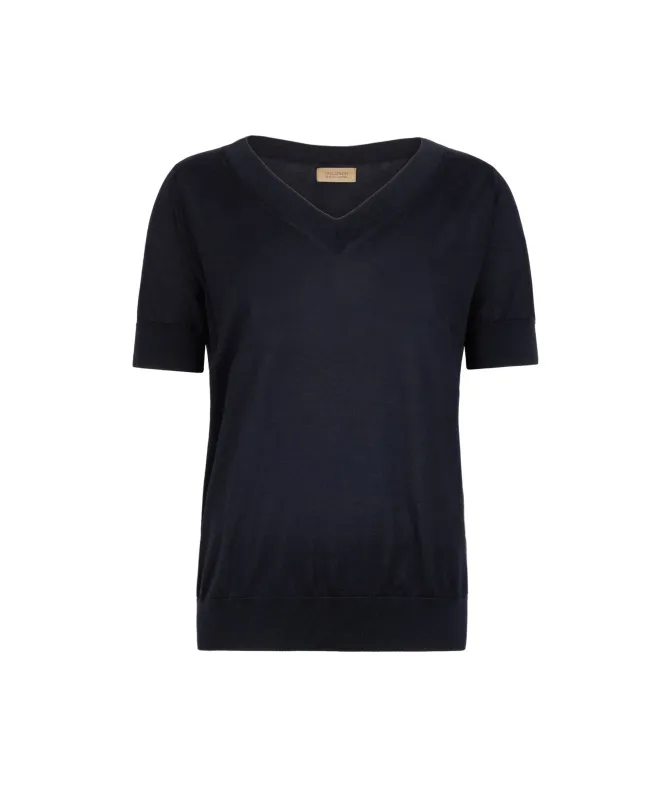 Maglia con Scollo a V a Maniche Corte in Seta Cotone