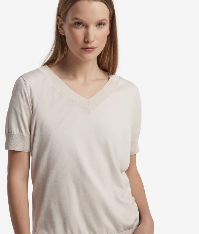 Maglia con Scollo a V a Maniche Corte in Seta Cotone