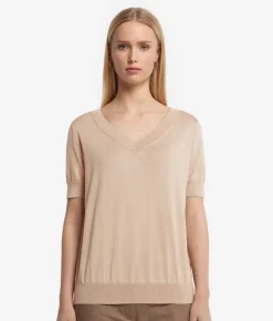 Maglia con Scollo a V a Maniche Corte in Seta Cotone