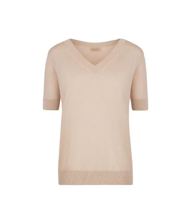 Maglia con Scollo a V a Maniche Corte in Seta Cotone