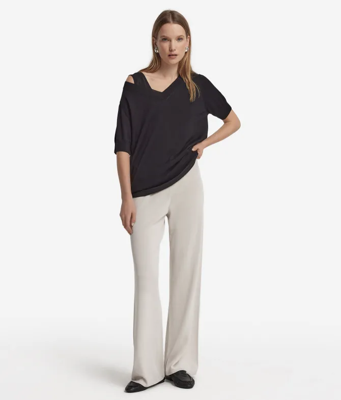 Maglia con Scollo a V a Maniche Corte in Seta Cotone