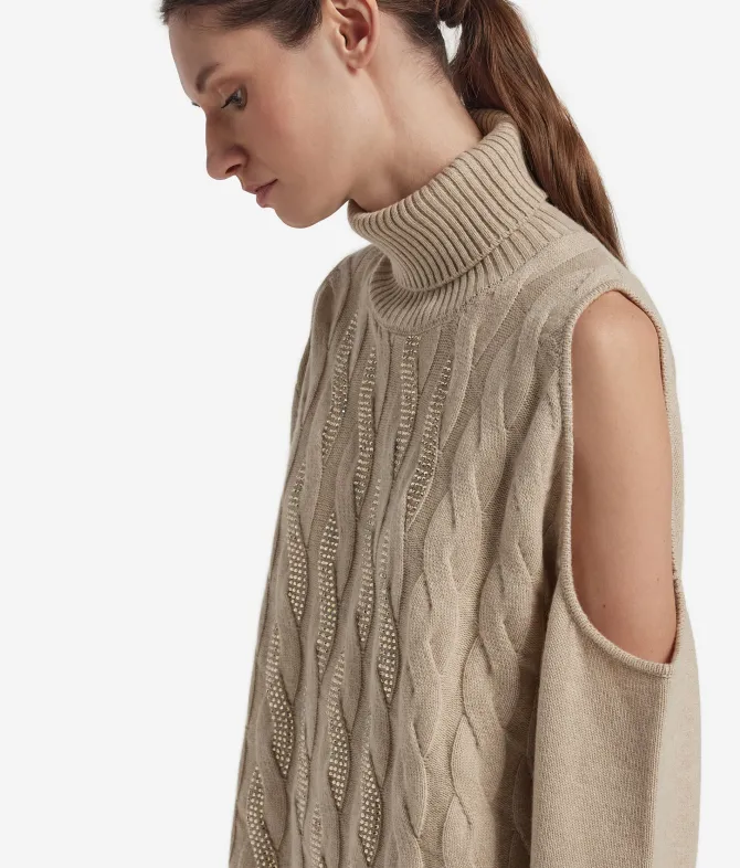 Maglia cut out con trecce e strass in Cashmere Ultrasoft