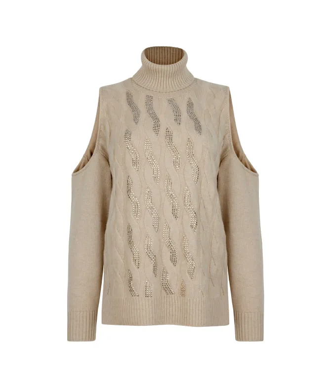 Maglia cut out con trecce e strass in Cashmere Ultrasoft