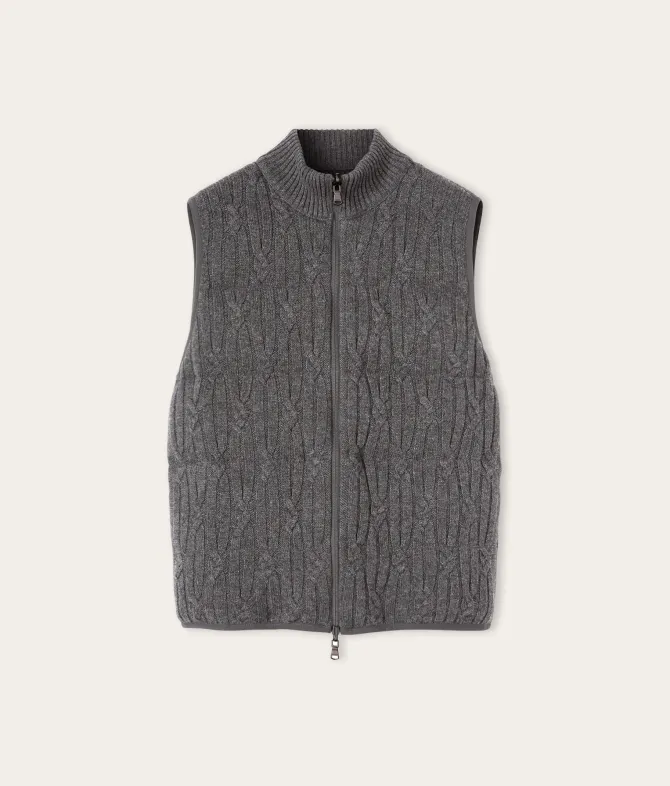 Piumino smanicato reversibile a coste intrecciate in cashmere