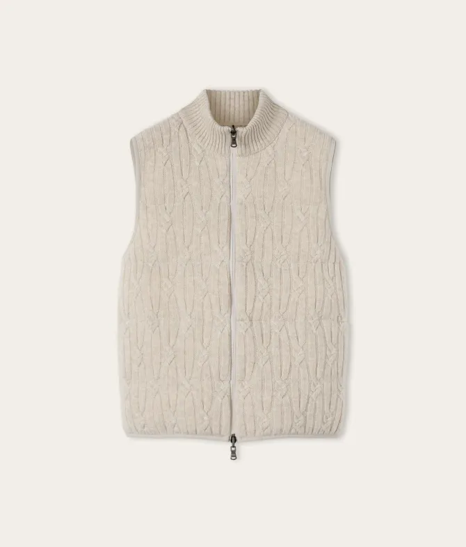 Piumino smanicato reversibile a coste intrecciate in cashmere