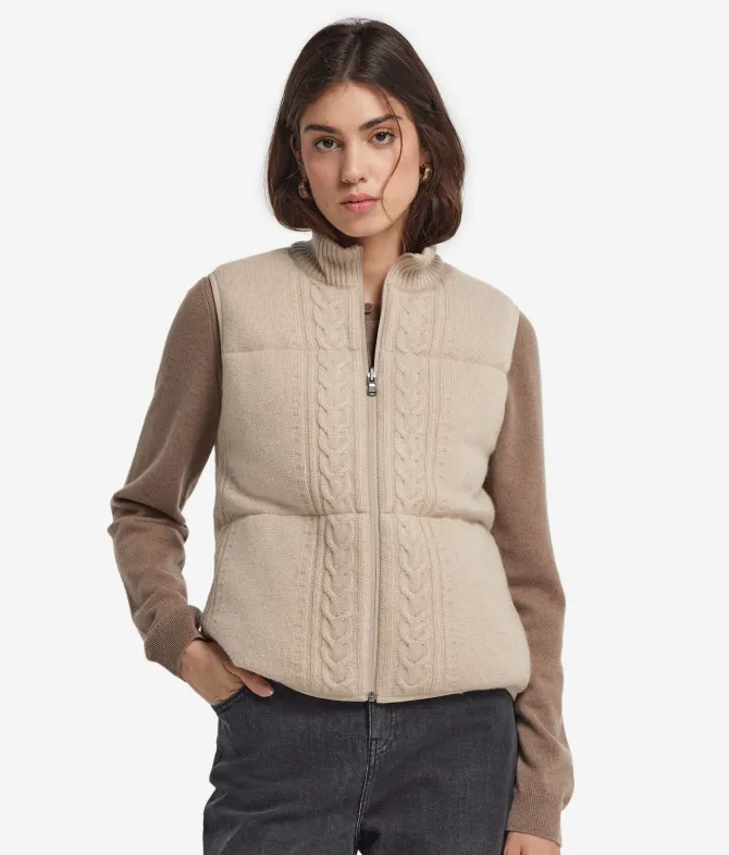 Piumino smanicato reversibile con trecce in cashmere