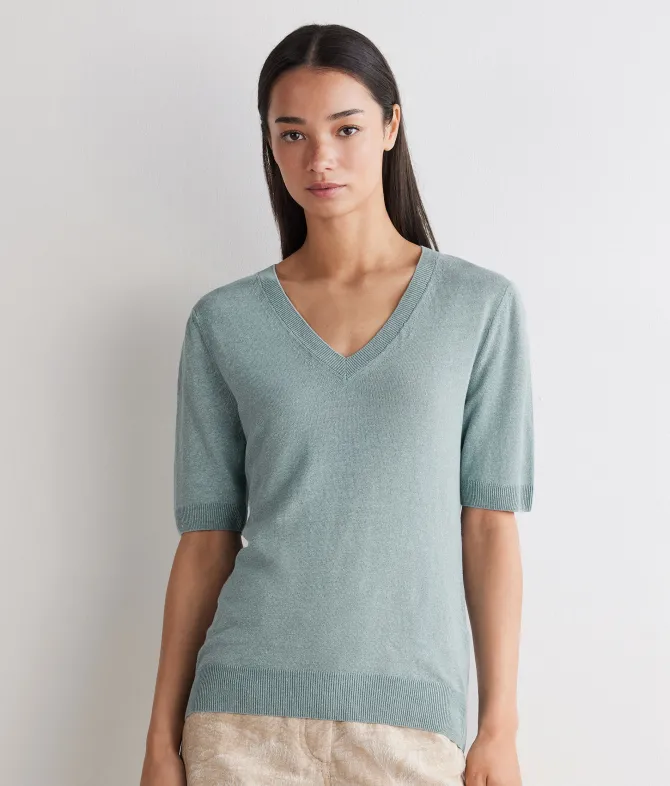 T-shirt con scollo a V in lino e cotone