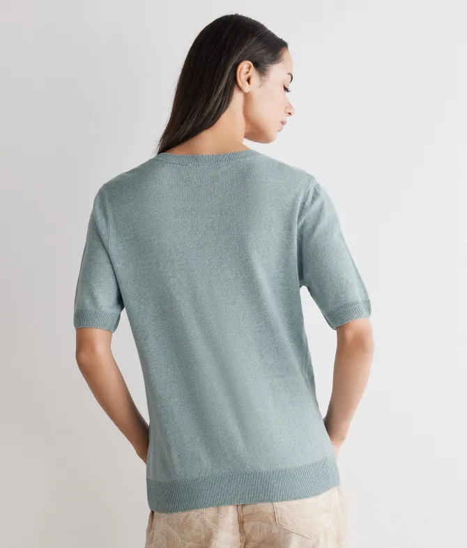 T-shirt con scollo a V in lino e cotone