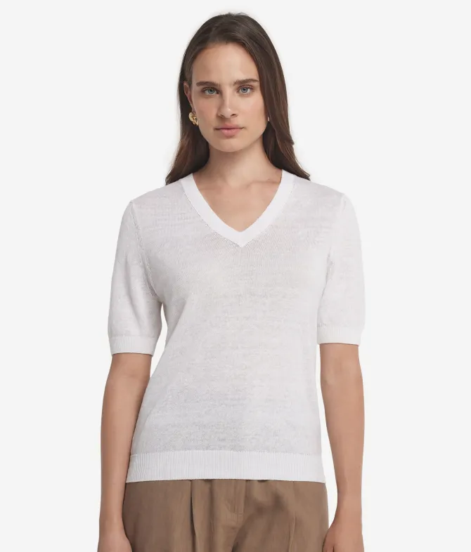 T-shirt con scollo a V in lino e cotone