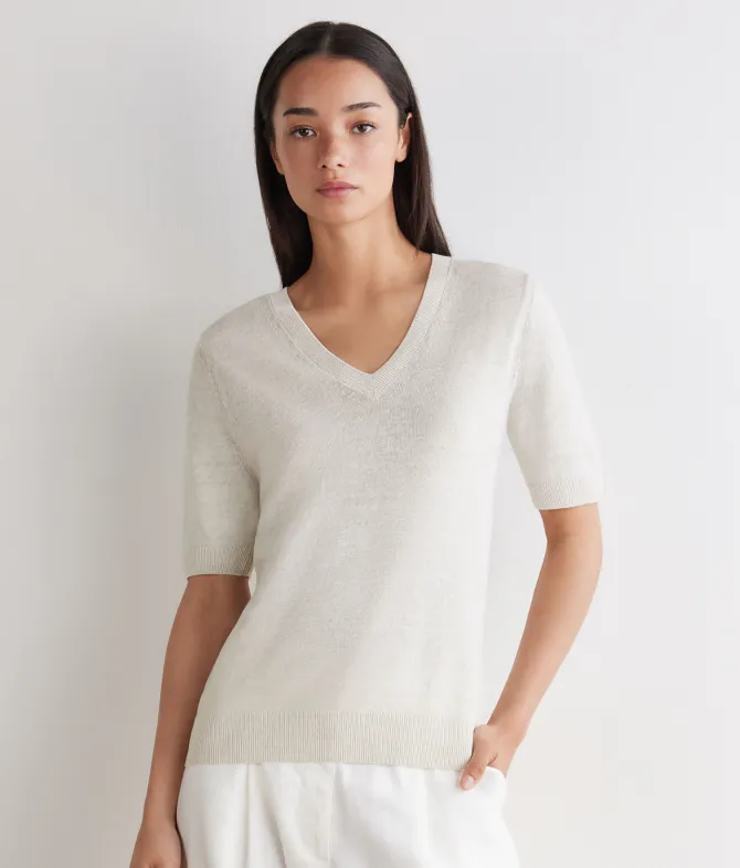 T-shirt con scollo a V in lino e cotone