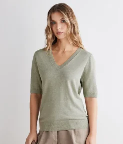 T-shirt con scollo a V in lino e cotone