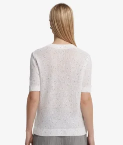 T-shirt girocollo con micro paillettes in lino cotone